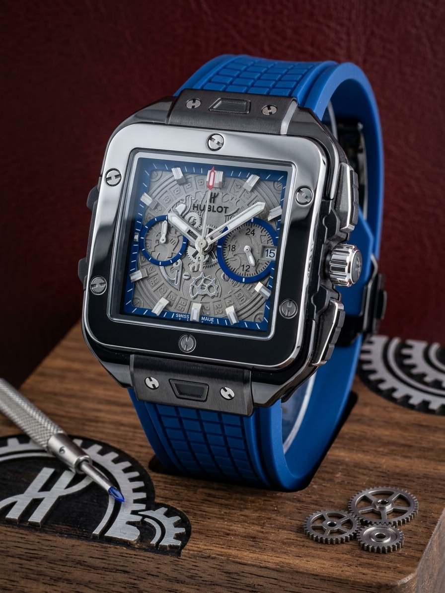 HB - 01 Square Bang Unico Black Ceramic Blue Chronograph Watch