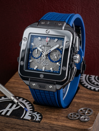 HB - 01 Square Bang Unico Black Ceramic Blue Chronograph Watch