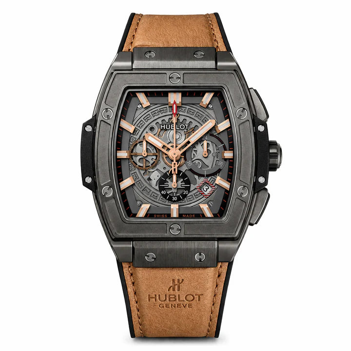 Hublot Spirit of Big Bang All Black Ceramic Rose Gold Tan Leather Chronograph Watch