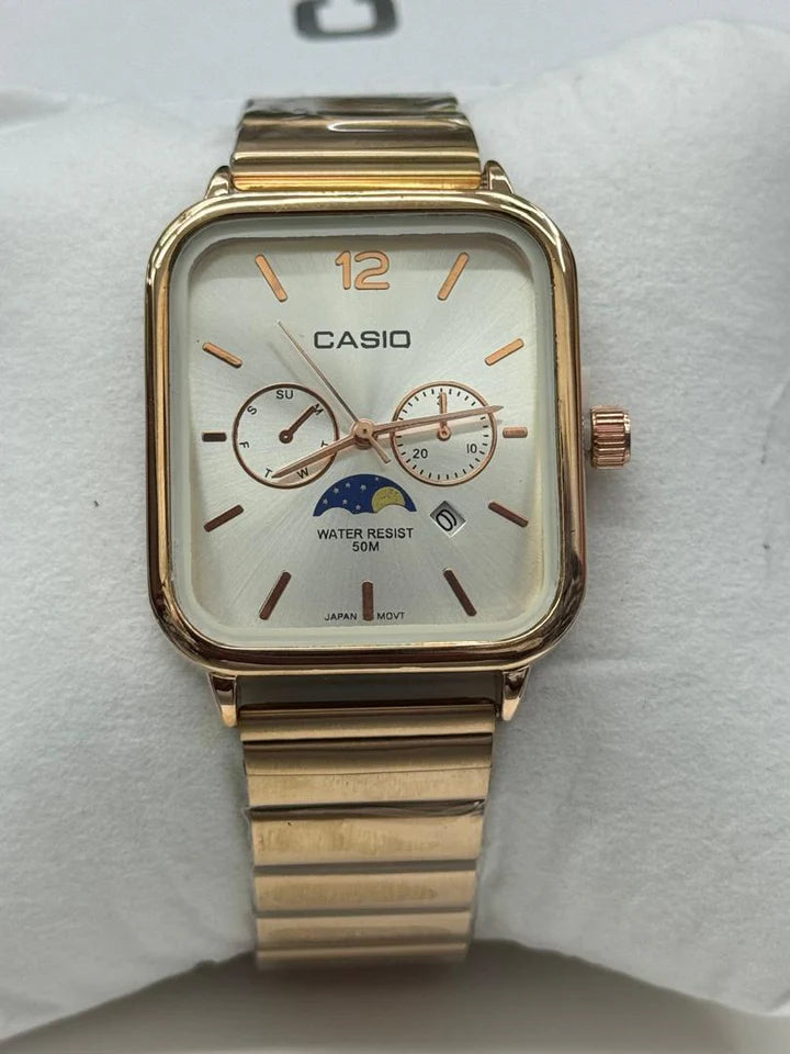 Casio A963 Multifunction Watch | Rose Gold Square Dial | Day Date Moon Phase | Water Resistant 50M