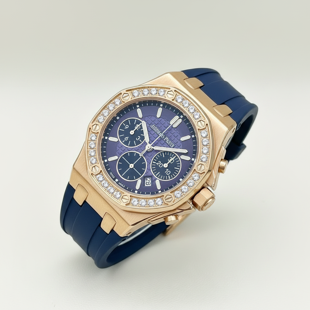 AM - 02 Royal Oak Offshore Ladies Chronograph – Blue Dial | Rose Gold | Diamond Bezel