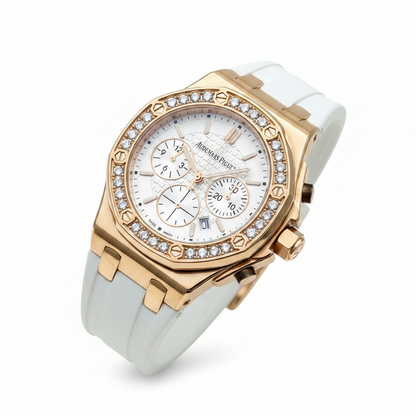 AM-06 Royal Oak Offshore Ladies Chronograph – White Dial | Rose Gold | Diamond Bezel