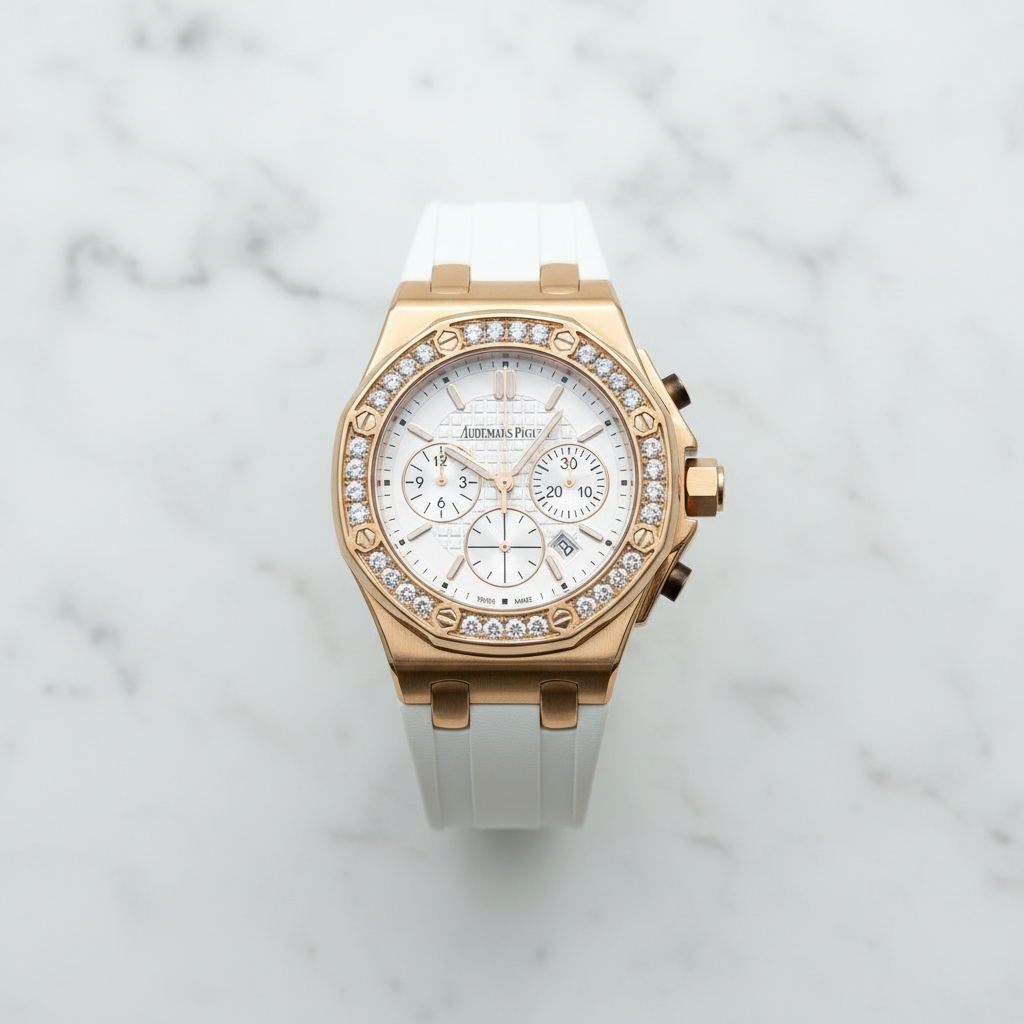 AM-06 Royal Oak Offshore Ladies Chronograph – White Dial | Rose Gold | Diamond Bezel