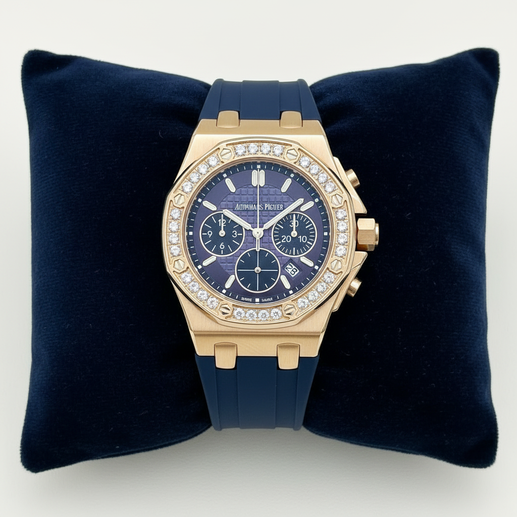 AM - 02 Royal Oak Offshore Ladies Chronograph – Blue Dial | Rose Gold | Diamond Bezel