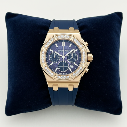 AM - 02 Royal Oak Offshore Ladies Chronograph – Blue Dial | Rose Gold | Diamond Bezel